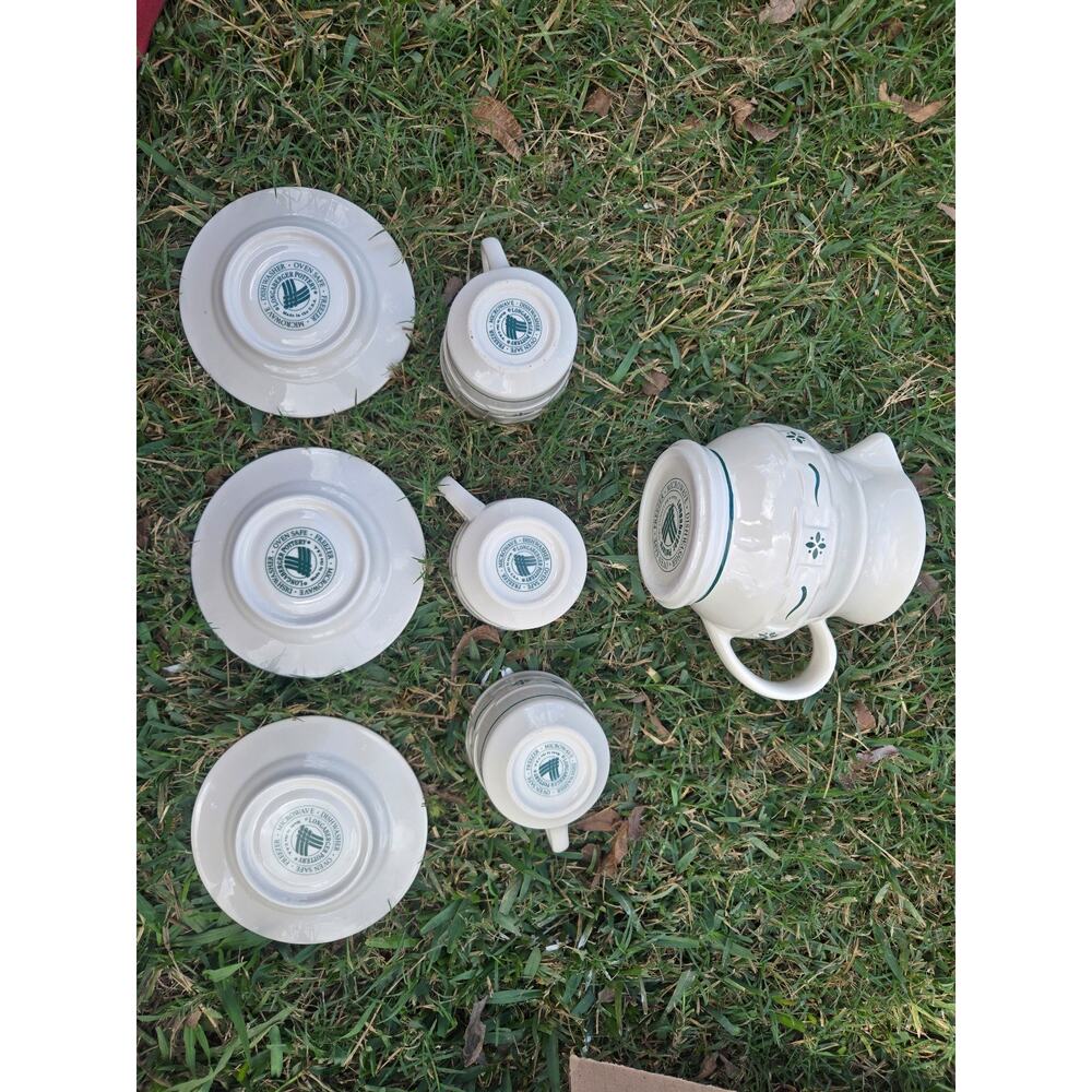 7 Piece Longaberger Pottery Green Woven Traditions Pitcher Cups Saucers - Picture 4 of 8